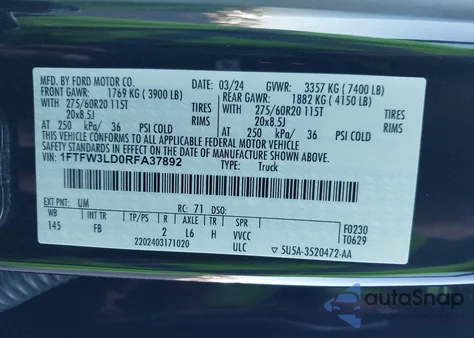 2024 Ford F-150 Xlt z USA, uszkodzony, nr VIN 1FTFW3LD0RFA37892